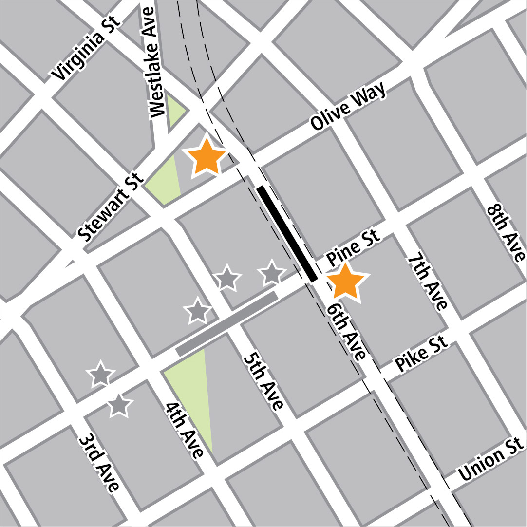 Map with black rectangle indicating station location on 6th Avenue, yellow stars indicating two station entry areas, gray rectangle indicating existing LINK station location, and gray stars indicating existing LINK entry areas.