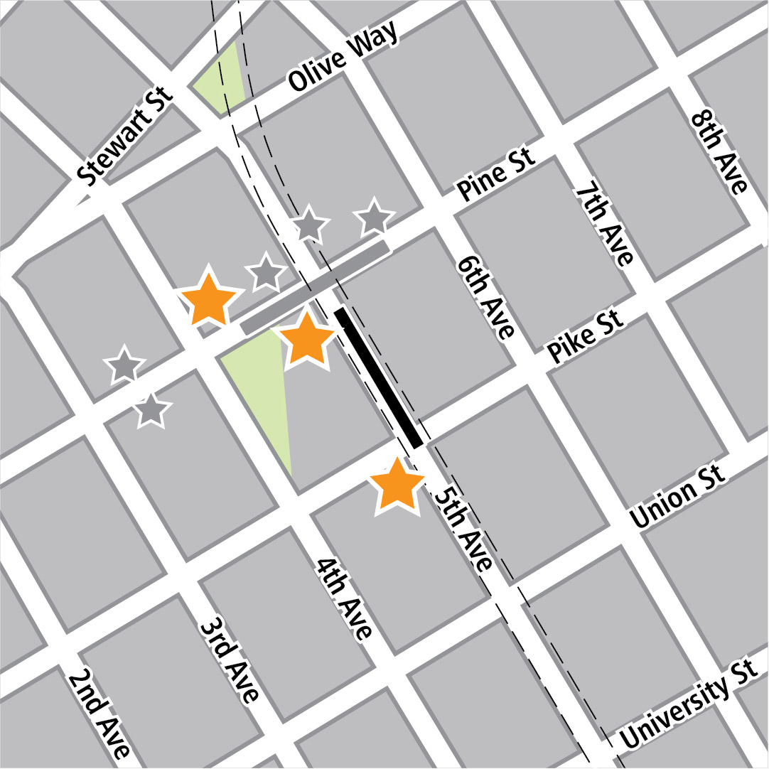 Map with black rectangle indicating station location on 5th Avenue, yellow stars indicating the station entry areas, gray rectangle indicating existing LINK station location, and gray stars indicating existing LINK entry areas.