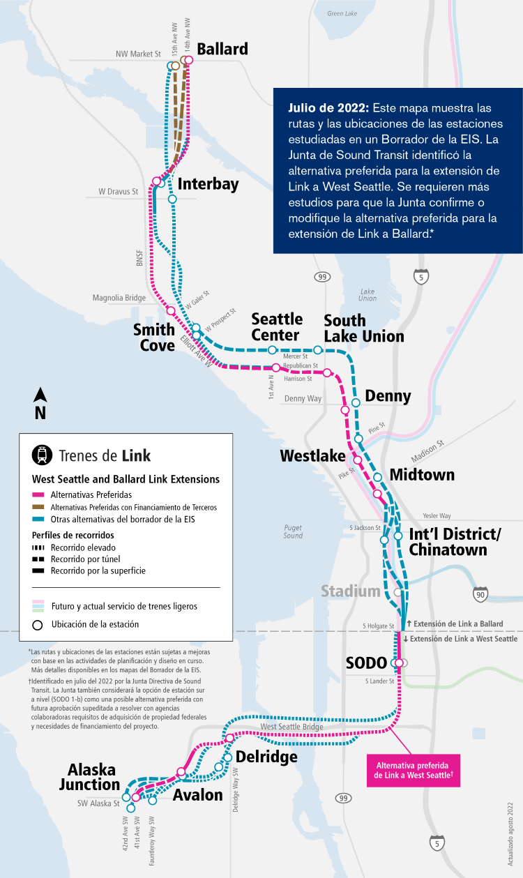 An image of the West Seattle and Ballard Link Extensions project map that displays the preferred alternatives and other alternatives we are currently evaluating. The map also includes station locations, and describes if an alternative is elevated, in a tunnel or at-grade. 