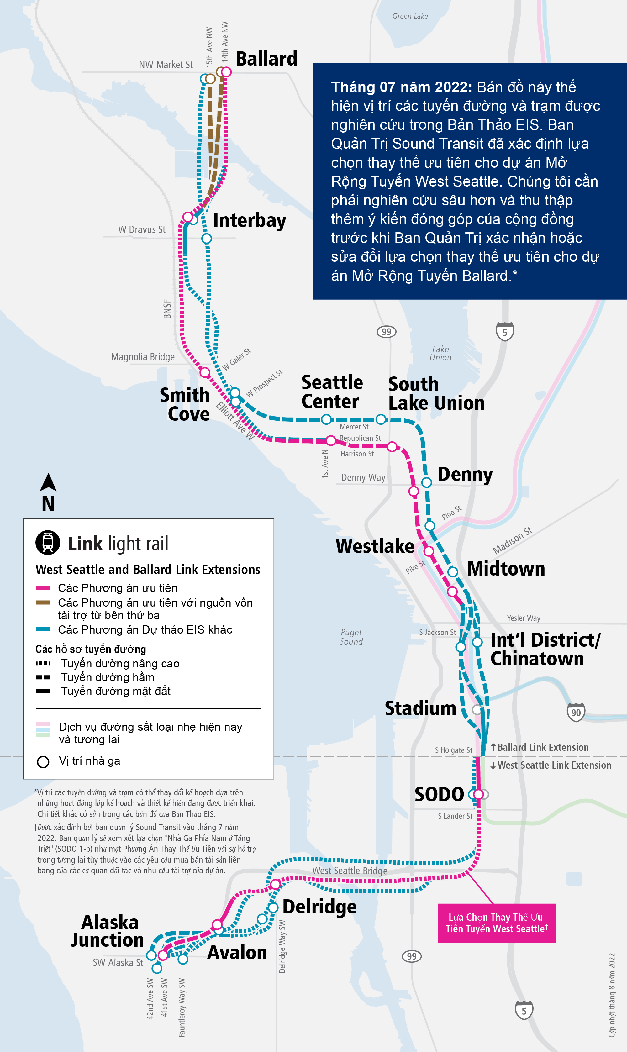 An image of the West Seattle and Ballard Link Extensions project map that displays the preferred alternatives and other alternatives we are currently evaluating. The map also includes station locations, and describes if an alternative is elevated, in a tunnel or at-grade.
