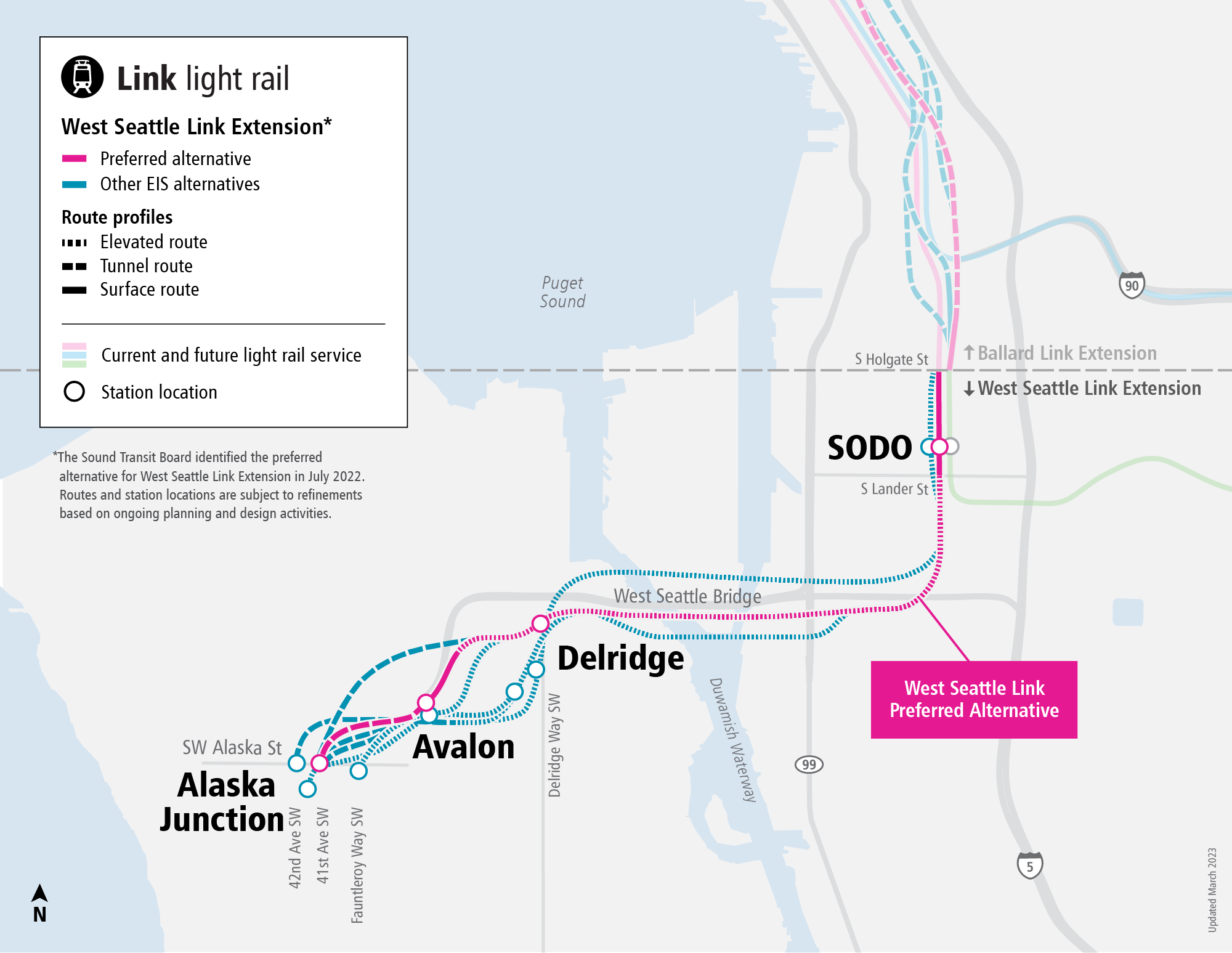 An image of the West Seattle Link Extension project map that displays the preferred alternatives and other alternatives we are currently evaluating. The map also includes station locations, and describes if an alternative is elevated, in a tunnel or at-grade. 
