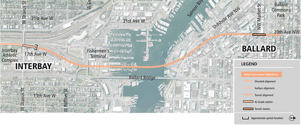 A map showing a Link light rail line from Interbay to Ballard via Tunnel North of Ballard bridge, tunneled, ending on twentieth avenue northwest.