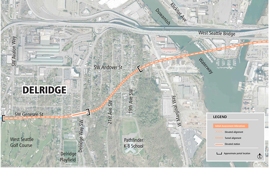 A map showing a Link light rail line in Delridge by the West Seattle Bridge to the northeast side of the West Seattle Golf Course via tunnel through Pigeon Point.
