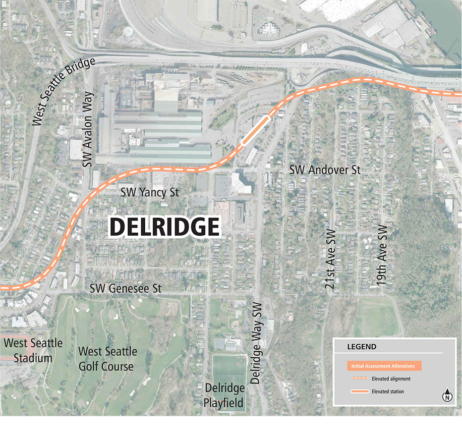 A map showing a Link light rail line in Delridge. Includes an elevated south Duwamish crossing to a Delridge station north of SW Andover Street and continues along an elevated guideway to an elevated Avalon station on SW Avalon Way.