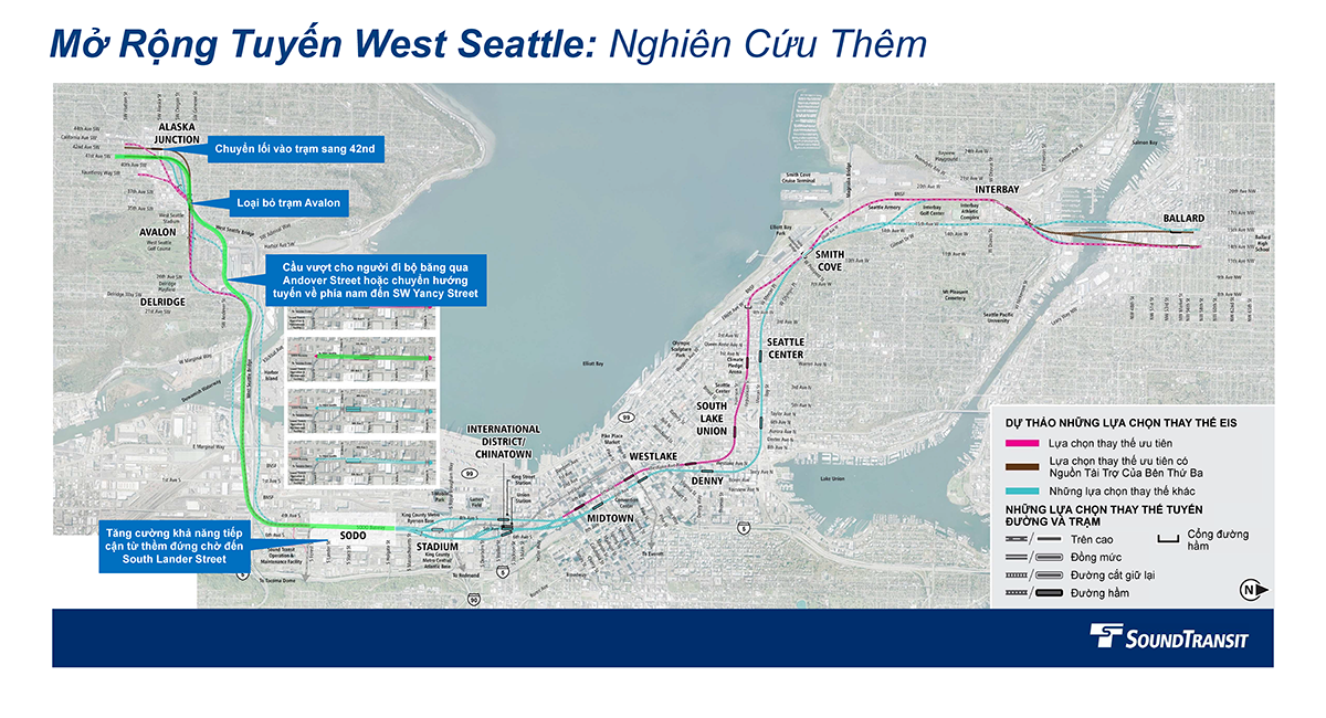 A map with three call-out boxes that highlight further studies in West Seattle.